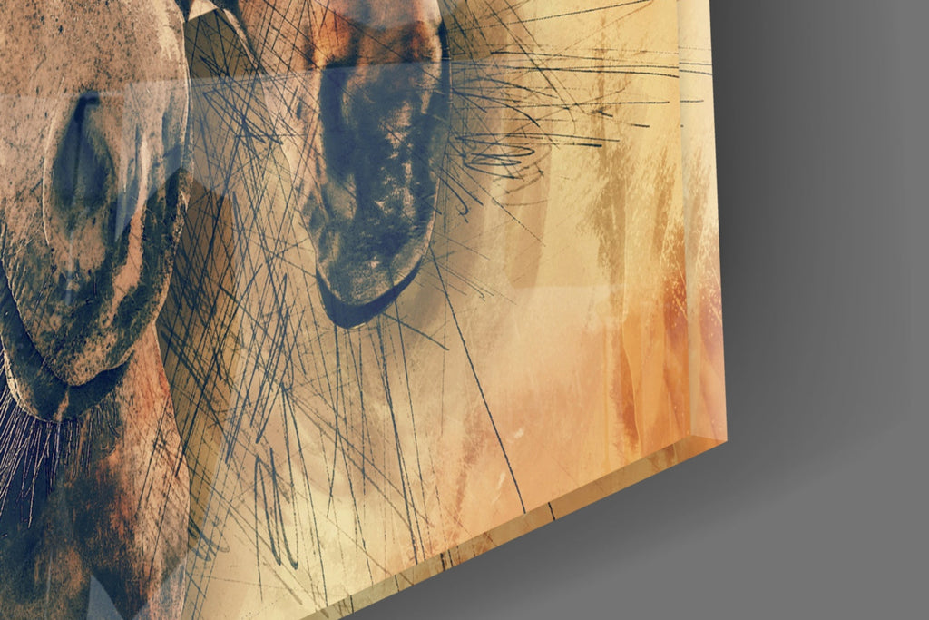 Three Horse Heads Sepia Sketch Glass Wall Art