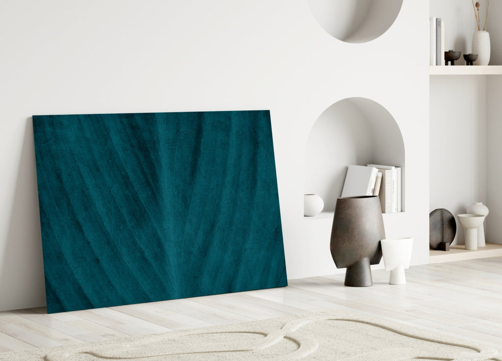 Deep Teal Leaf Texture Close Up Glass Wall Art