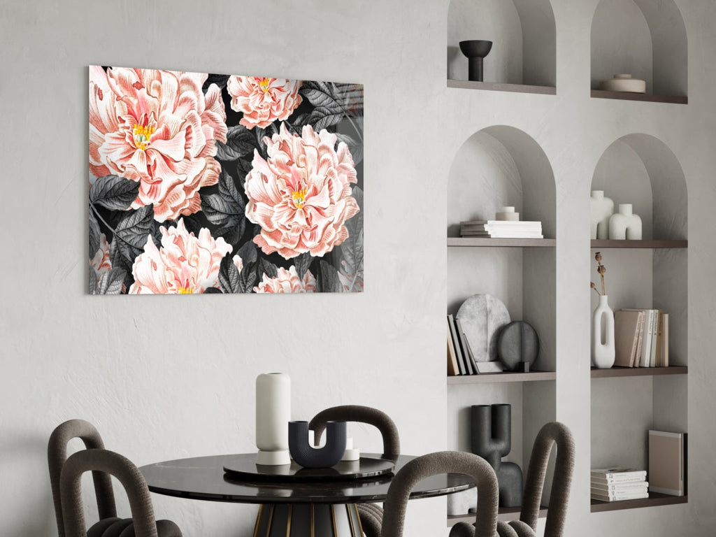 Coral Peony Vintage Pattern Glass Wall Art