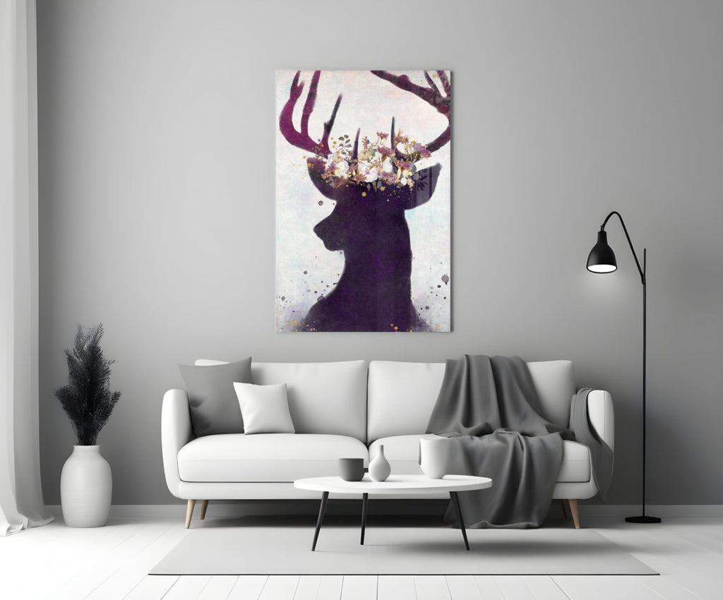 Purple Deer Floral Crown Glass Wall Art