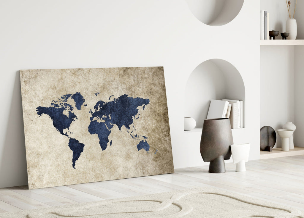 Navy Map on Aged Parchment Glass Wall Art