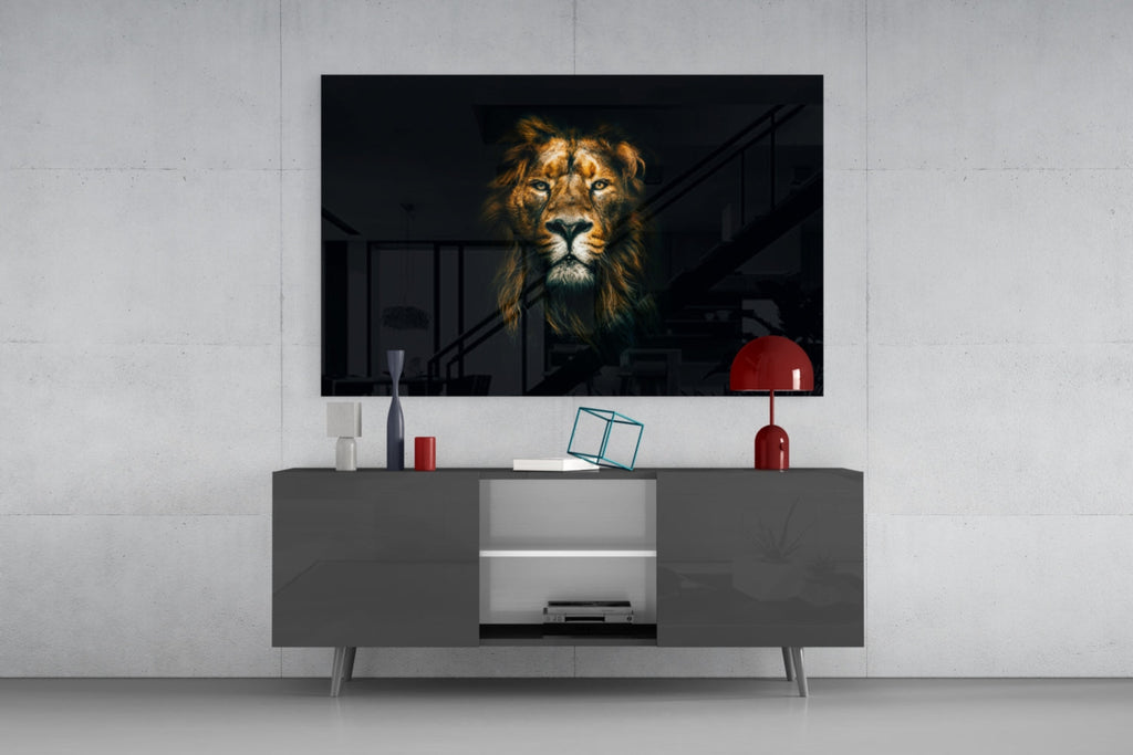Golden Lion Head Dark Glass Wall Art