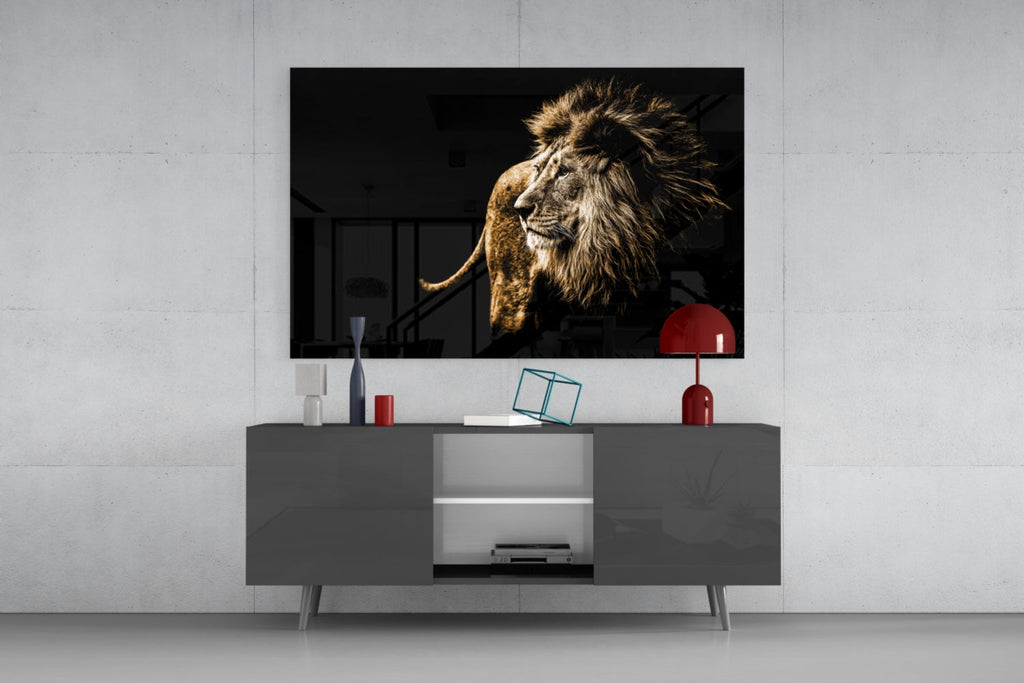 Golden Windswept Lion Profile Glass Wall Art