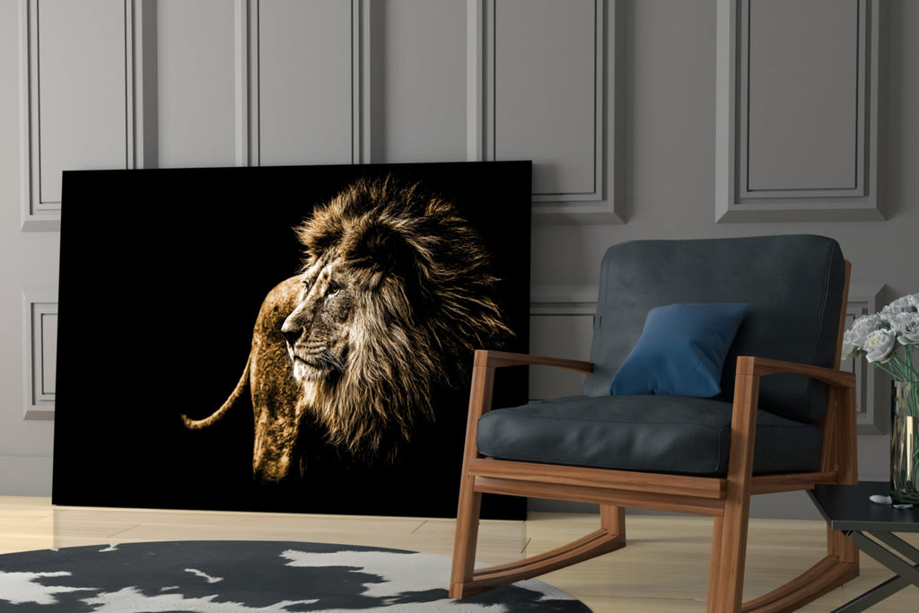 Golden Windswept Lion Profile Glass Wall Art