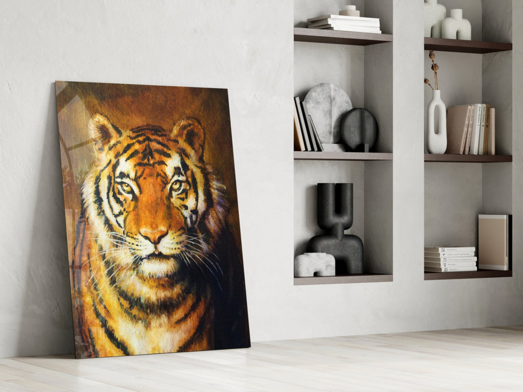 Golden Oil Painted Tiger Glass Wall Art