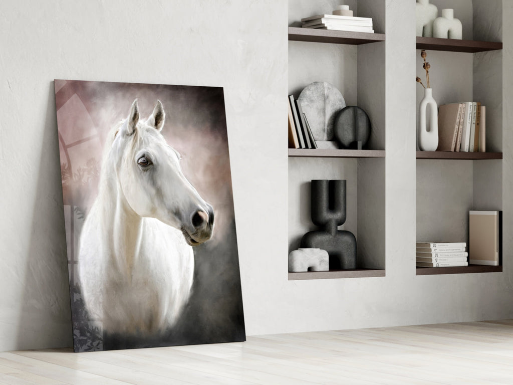 Serene White Horse Portrait Glass Wall Art