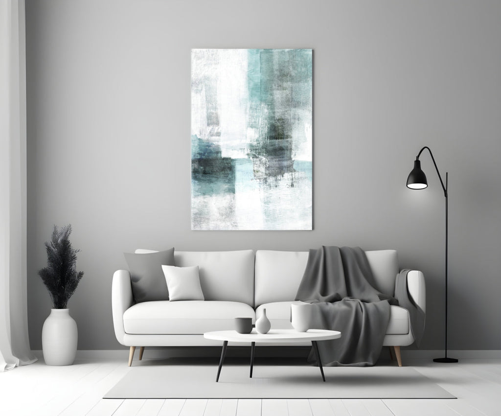 Teal White Minimalist Blocks Glass Wall Art