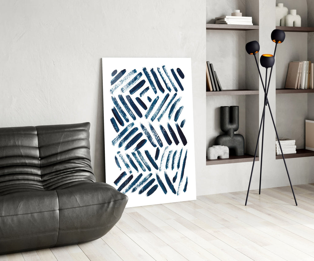 Navy Chevron Brush Dashes Glass Wall Art