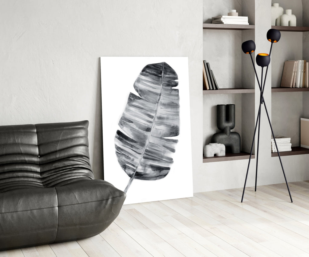 Monochrome Banana Leaf Glass Wall Art
