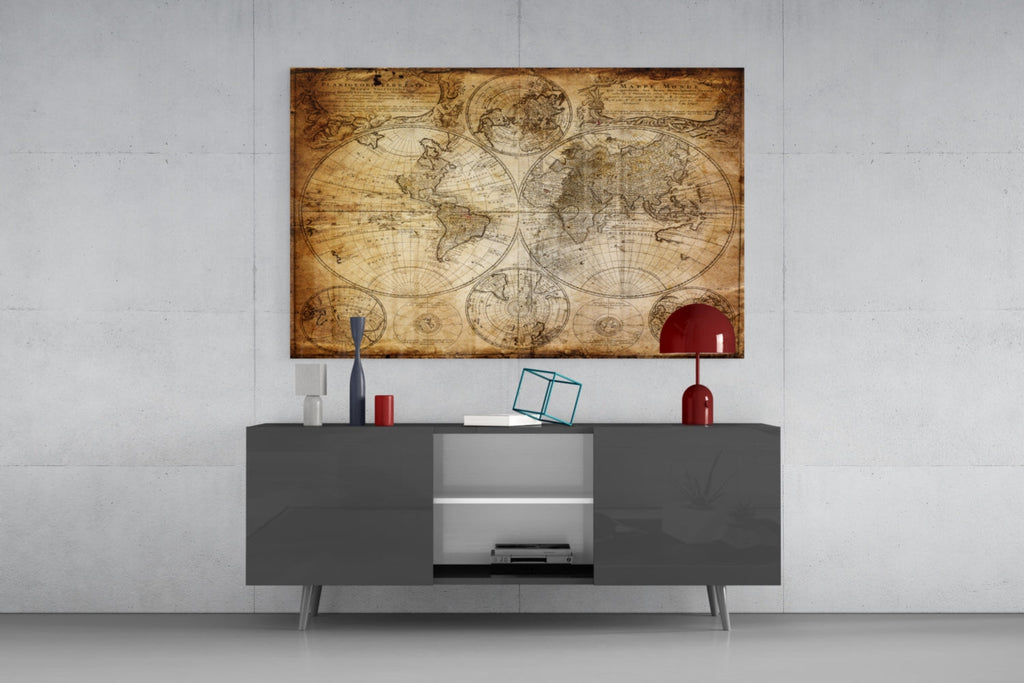 Antique Hemisphere Cartography World Map Glass Wall Art