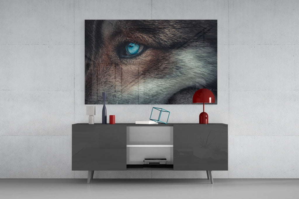 Ice Blue Wolf Eye Closeup Glass Wall Art
