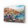 Colorful Harbor Town With Sailboats Glass Wall Art