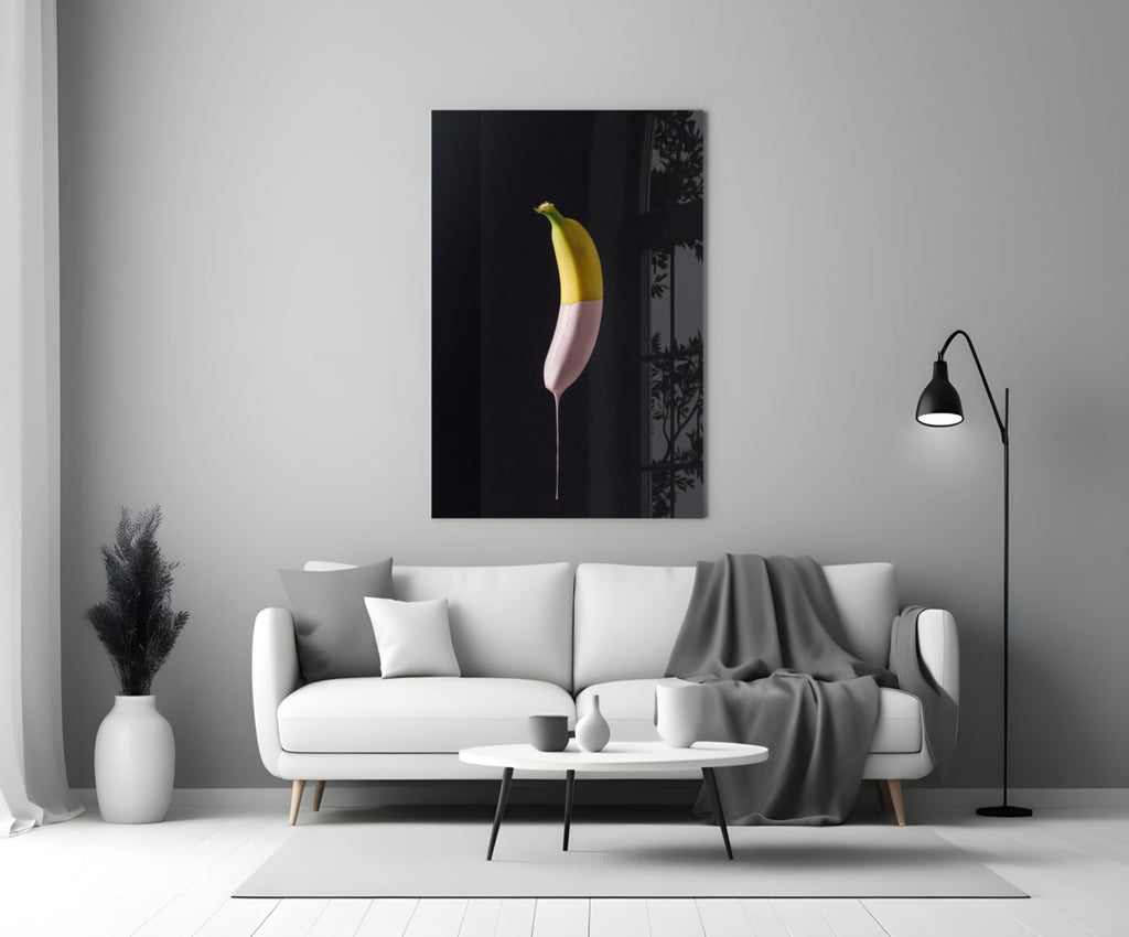 Half Dipped Pink Paint Banana Glass Wall Art