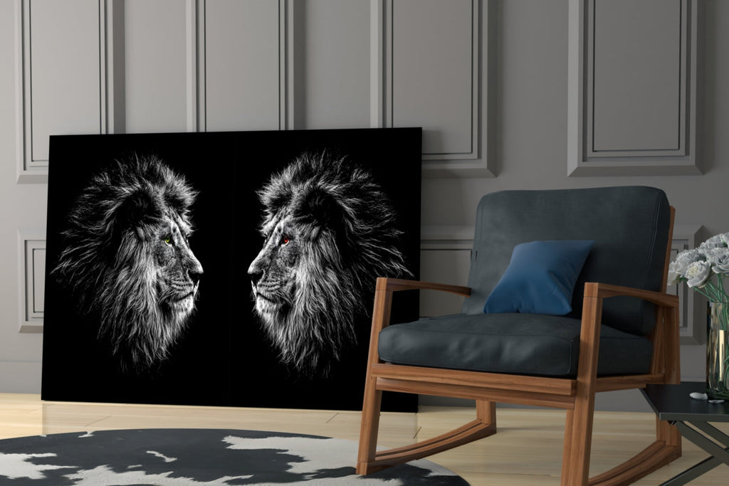 Facing Lions Colored Eyes Glass Wall Art