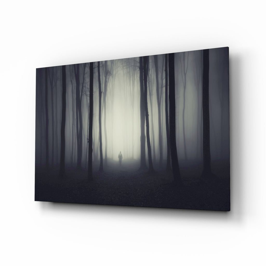Lone Figure in Dark Misty Woods Glass Wall Art