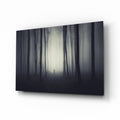 Lone Figure in Dark Misty Woods Glass Wall Art