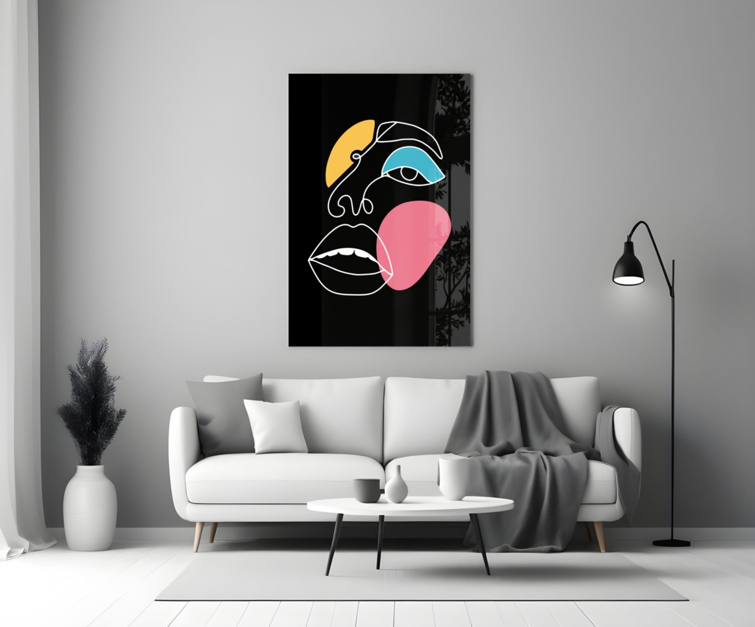 Teal Eye Open Mouth Line Art Face Glass Wall Art