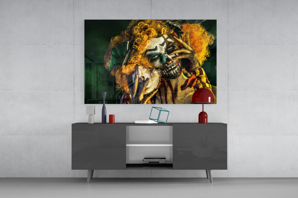Yellow Curls Skull Face Jester Glass Wall Art