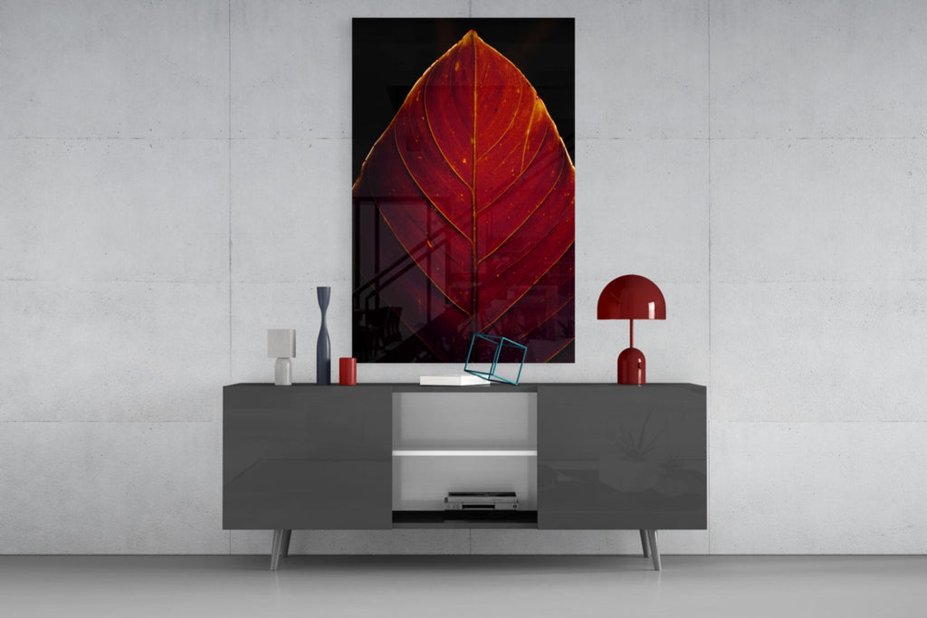 Deep Red Leaf Veins On Black Glass Wall Art
