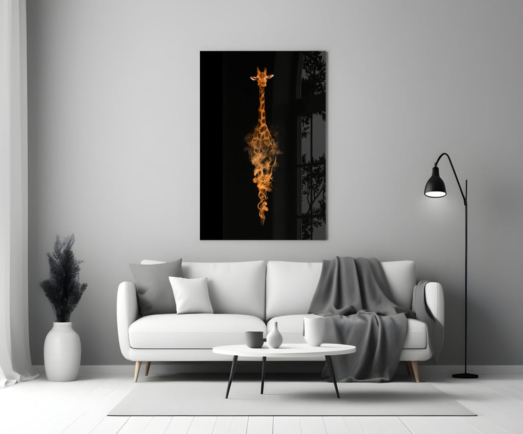 Orange Smoke Giraffe Black Glass Wall Art