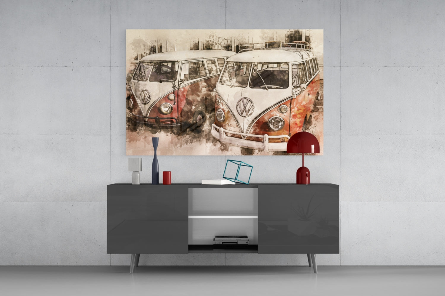 Watercolor Vintage Camper Vans Glass Wall Art