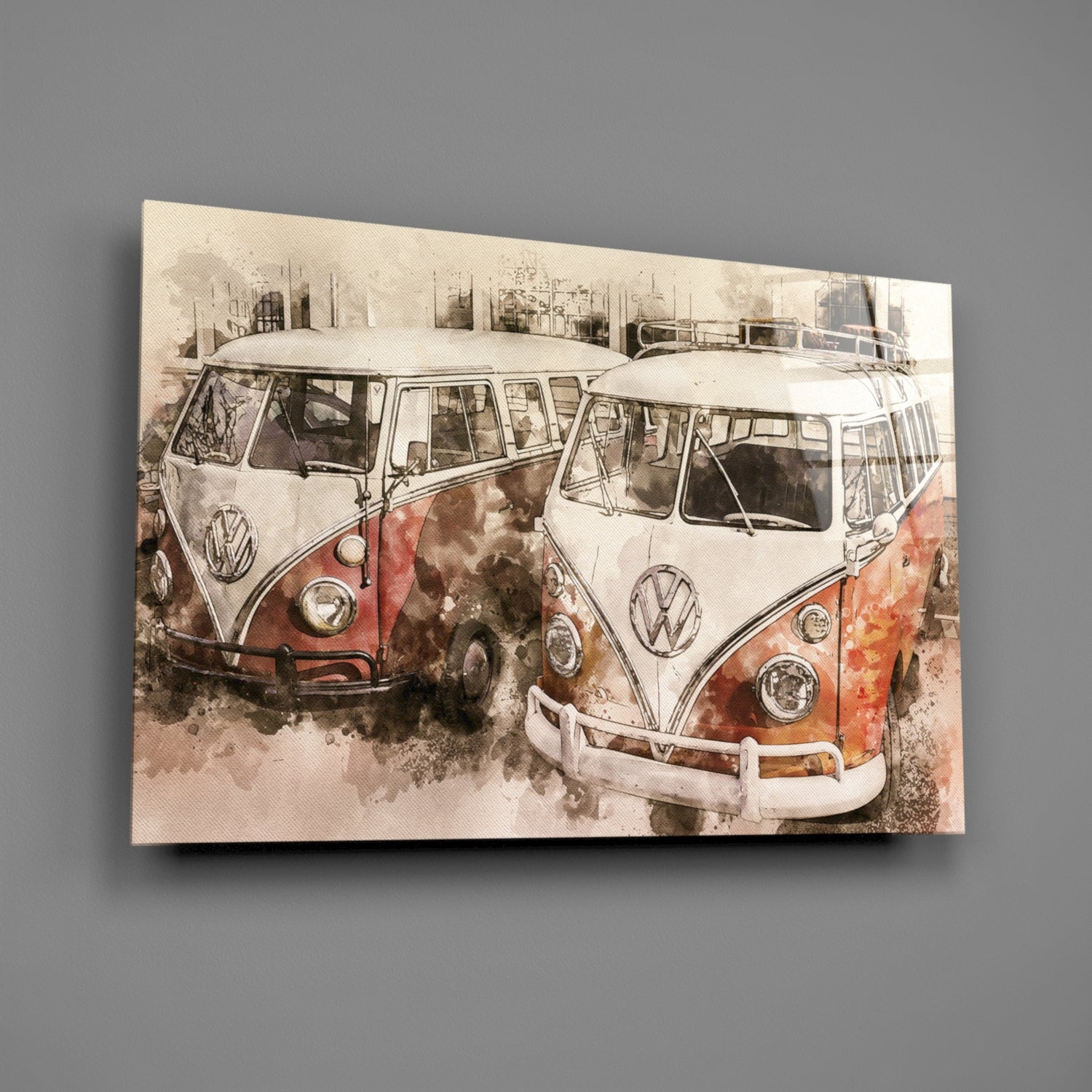 Watercolor Vintage Camper Vans Glass Wall Art
