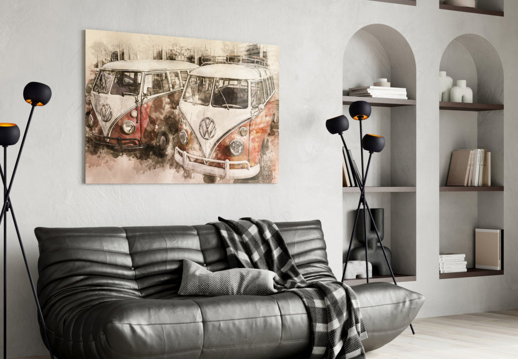 Watercolor Vintage Camper Vans Glass Wall Art