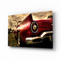 Crimson Tailfin Classic Car Sunset Glass Wall Art