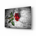 Single Red Rose on Weathered Wood Glass Wall Art