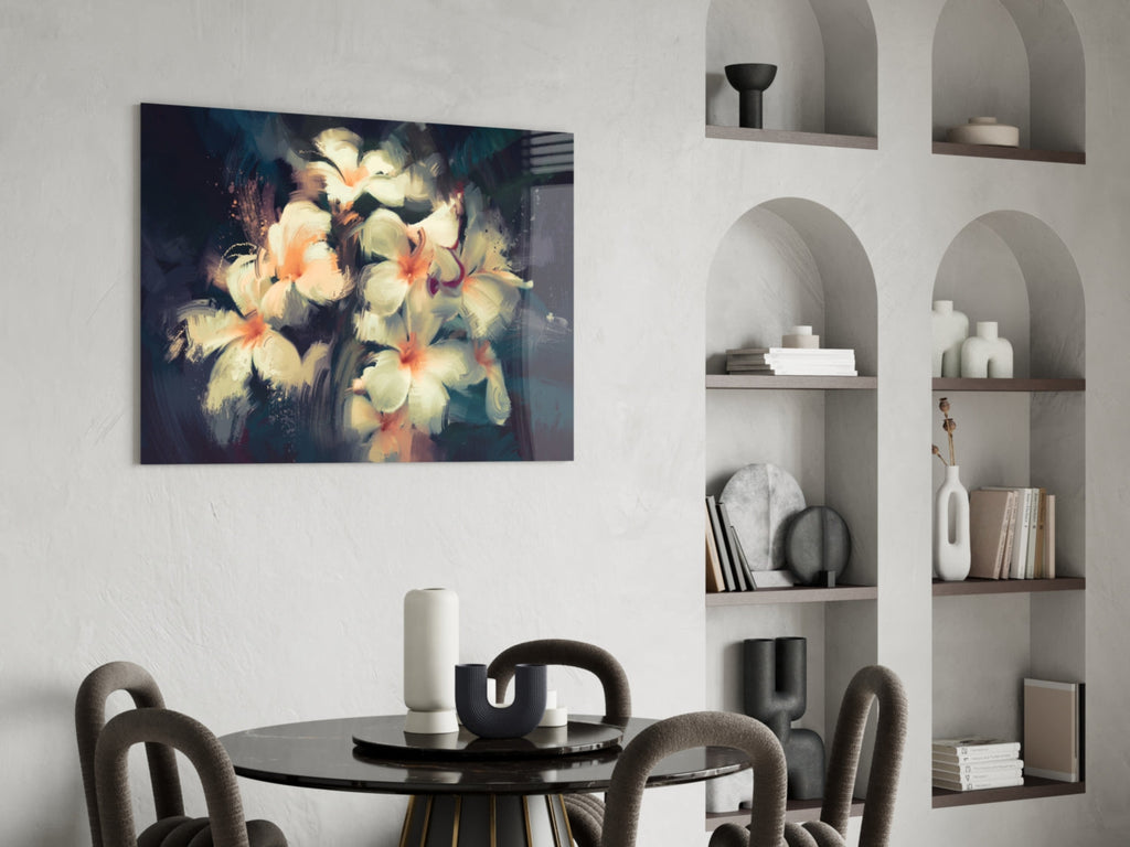 Painterly White Plumeria Glass Wall Art
