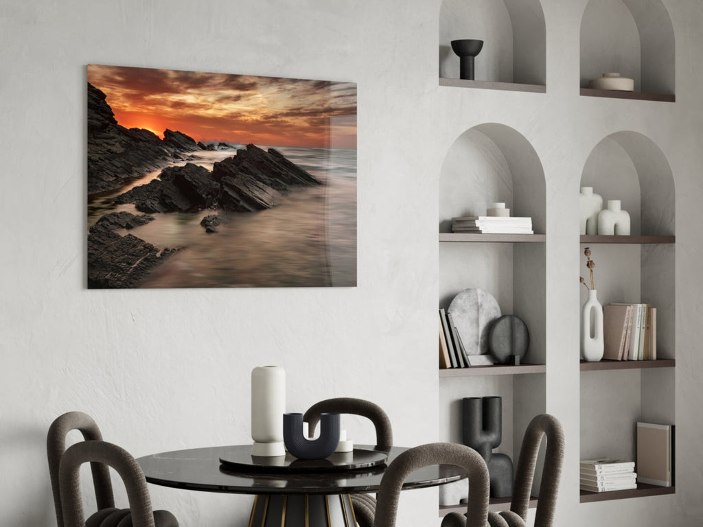 Fiery Sunset Rocky Coast Waves Glass Wall Art