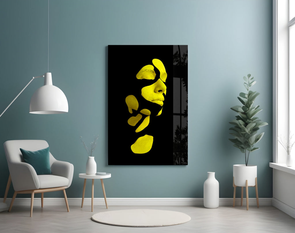 Yellow Fragmented Face on Black Glass Wall Art