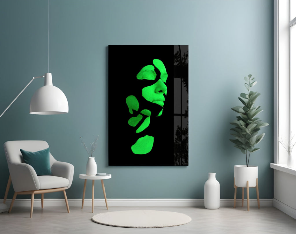 Neon Green Fragmented Face on Black Glass Wall Art