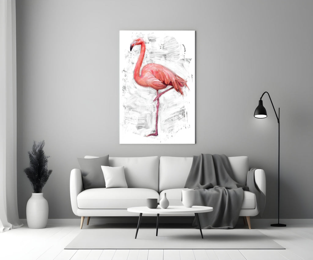Pink Flamingo Sketch White Glass Wall Art