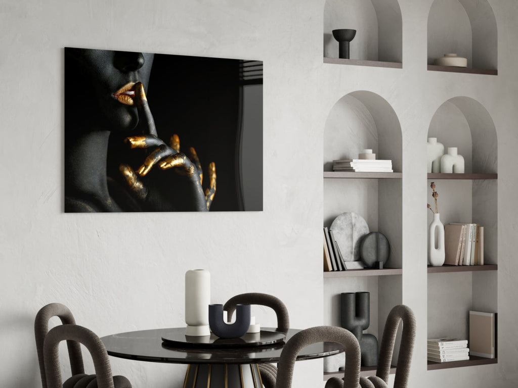 Gold Lips Hush Gesture on Black Panel Glass Wall Art