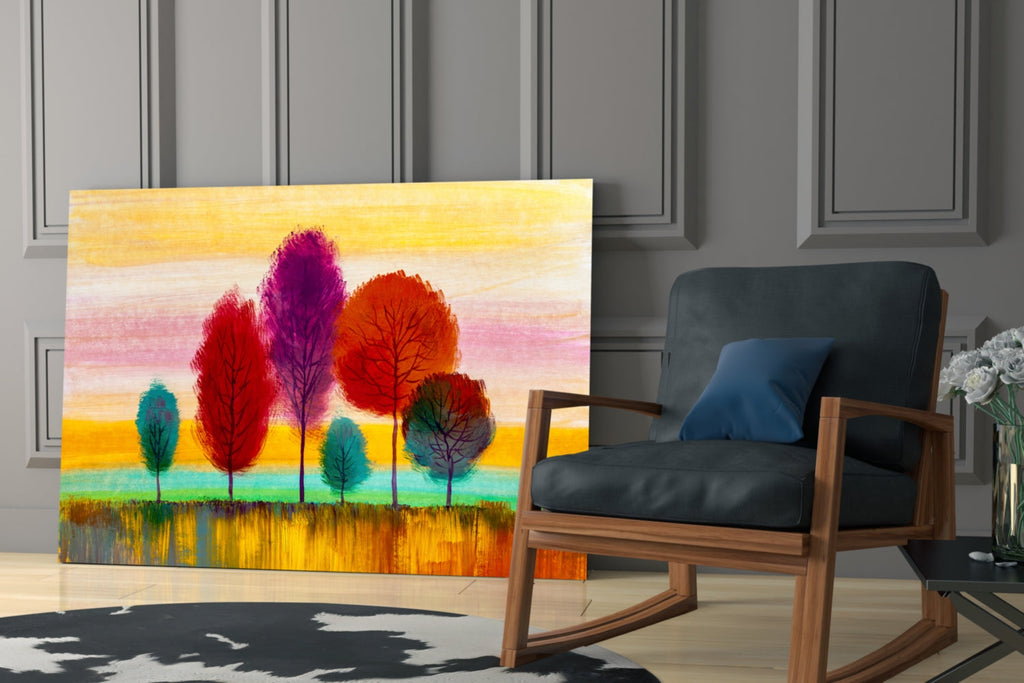 Slender Trees Golden Sunset Sky Glass Wall Art