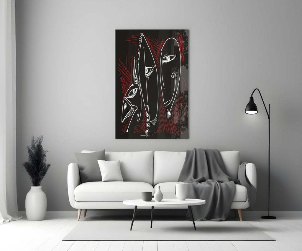 Line Art Faces Red Black Glass Wall Art