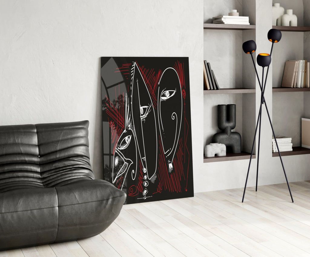 Line Art Faces Red Black Glass Wall Art