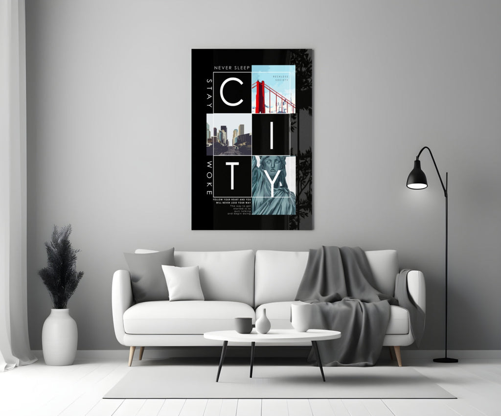 City Typography Landmark Collage Poster Glass Wall Art