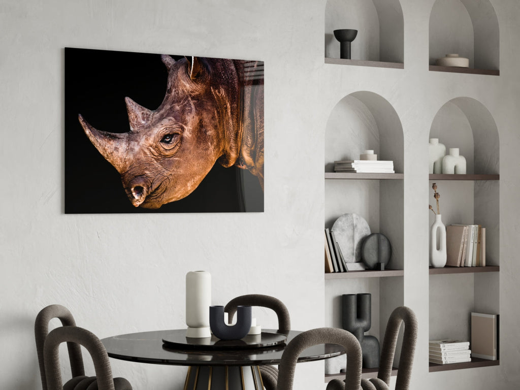 Warm Lit Rhino Close Up Glass Wall Art