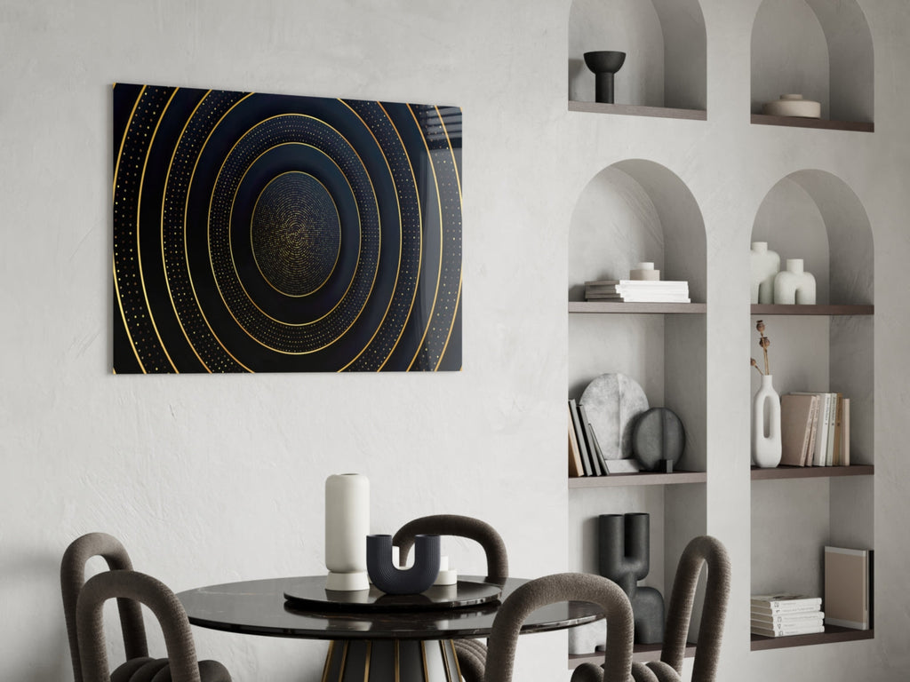 Gold Dotted Concentric Circles Glass Wall Art