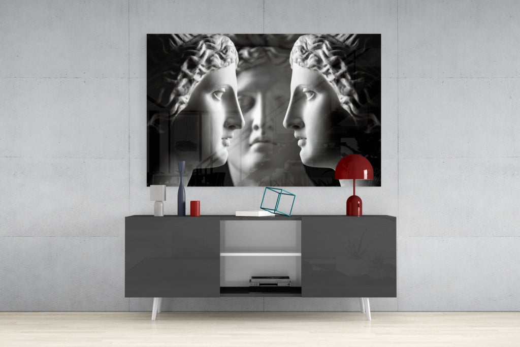 Black and White Mirrored Statue Faces Glass Wall Art