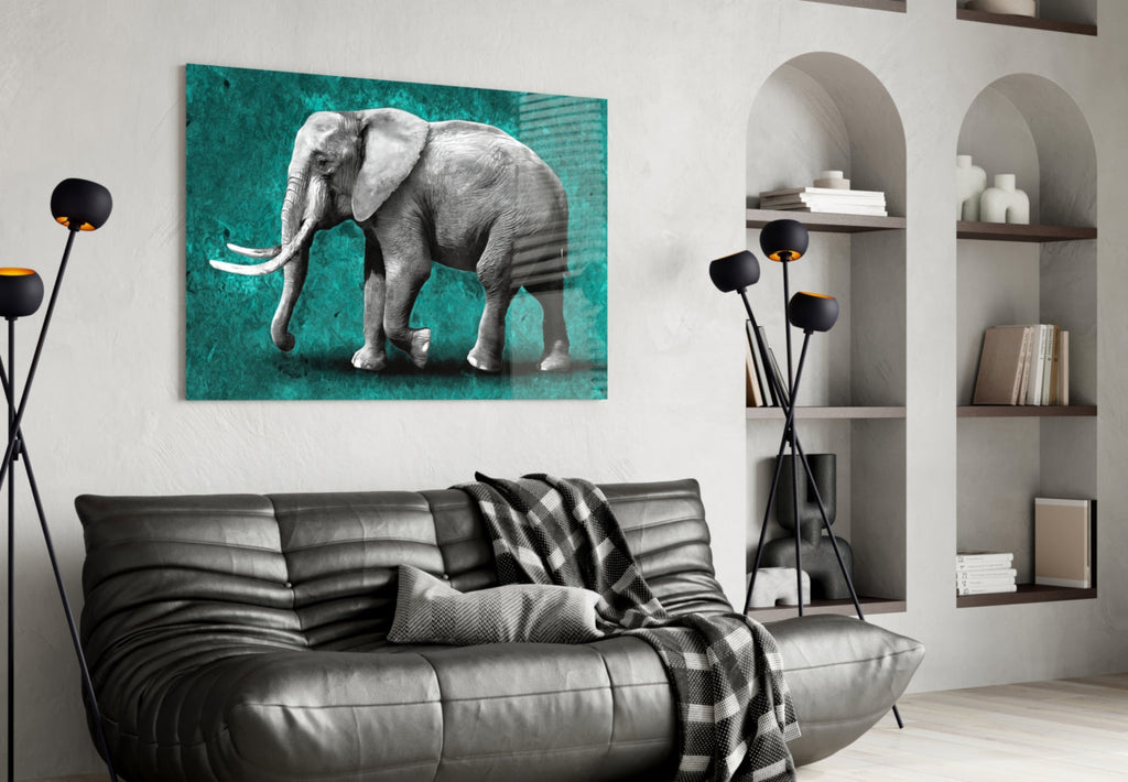Grayscale Elephant Teal Backdrop Glass Wall Art