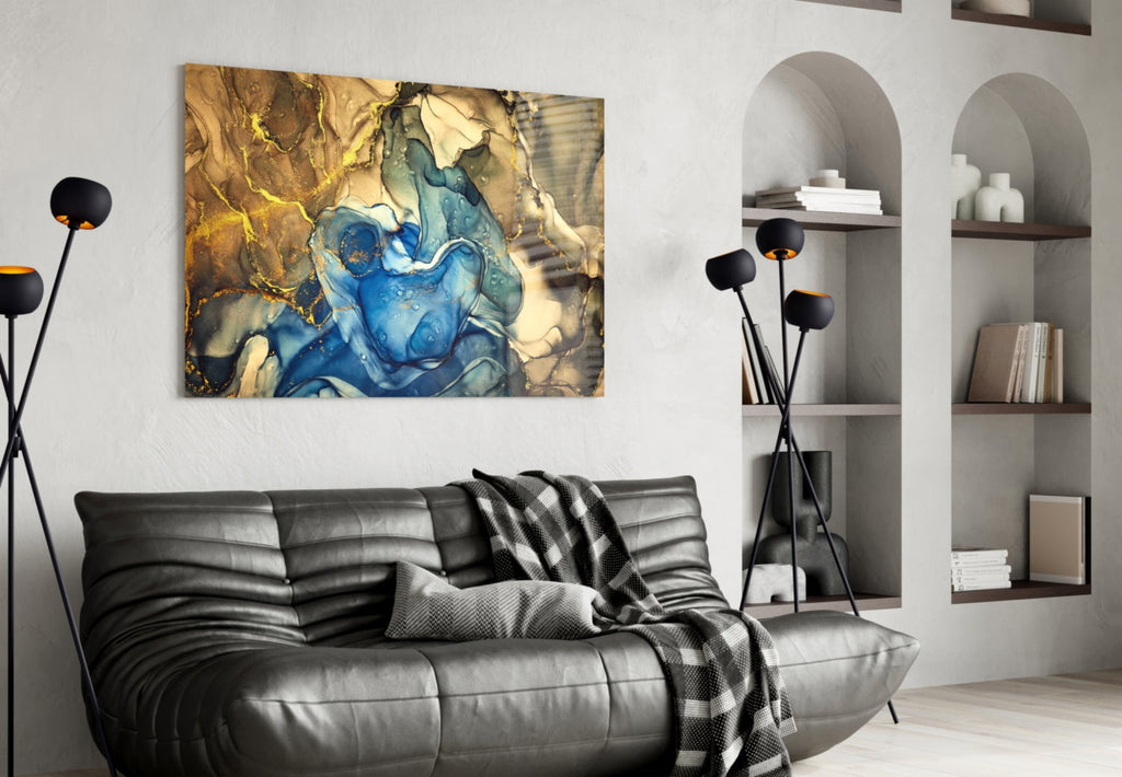 Sapphire Bloom in Golden Marble Glass Wall Art