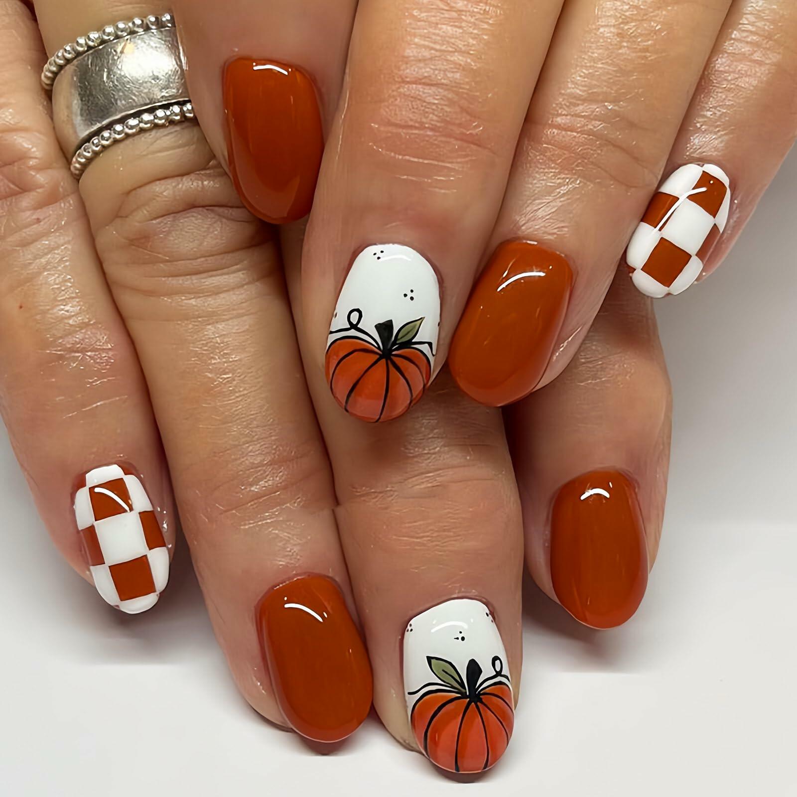 Fall Press On Nails 24Pc Short Square Pumpkin Plaid Design Stick Glue