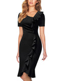 AISIZE Women's Vintage V-Neck Ruffle Slit Bodycon Dress Black Size L