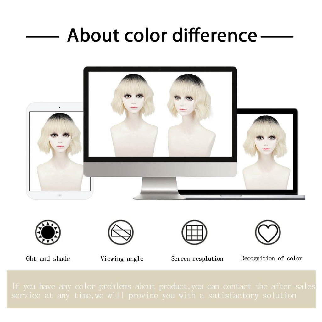 LABEAUTÉ Synthetic Short Wavy Blonde Black Ombre Bob Wig with Bangs