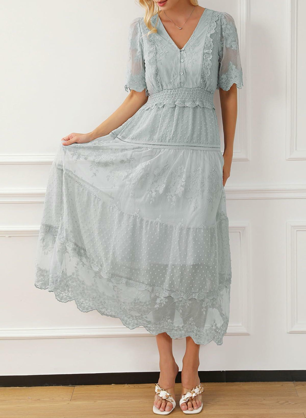 Happy Sailed Womens Gray Floral Lace Maxi Dress V Neck Button Down Size M