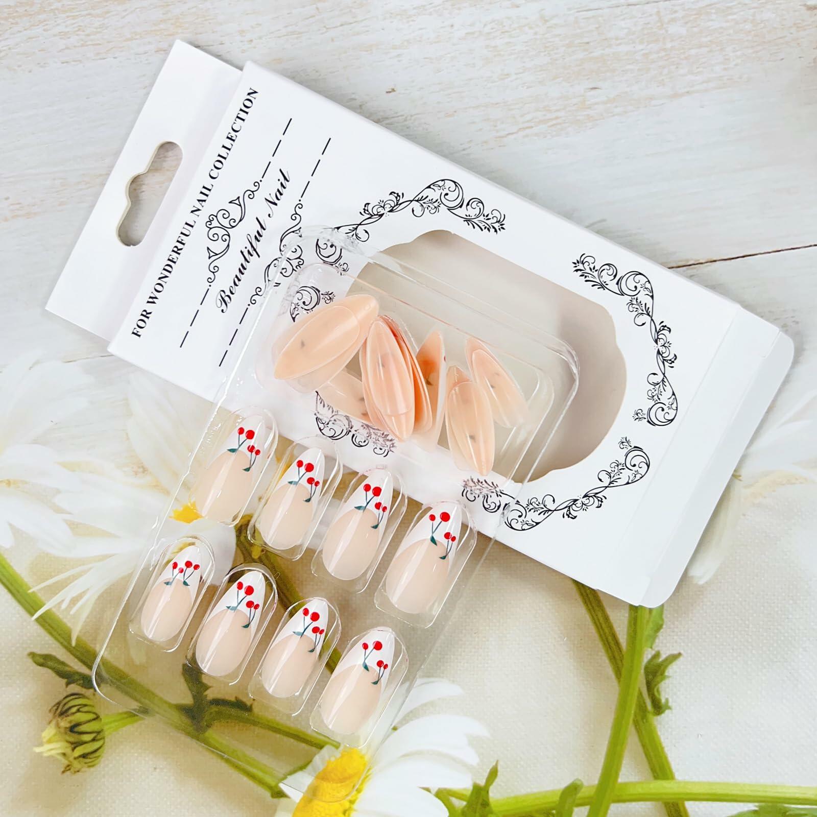 24 Pcs Light Green Press On Nails Short Square Flower Designs Acrylic