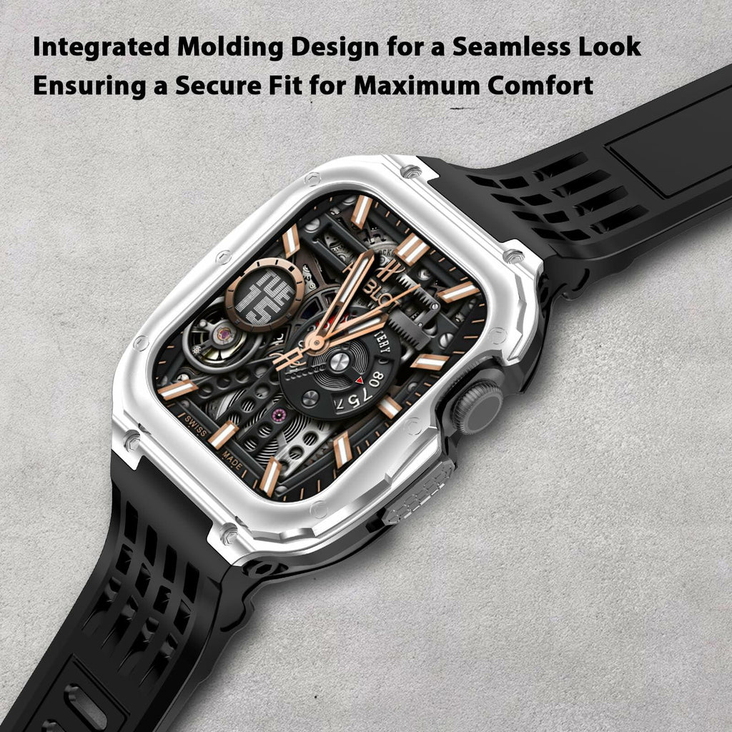 V-MORO Stainless Steel Band Case for Apple Watch Series 9 8 7 45mm Black Silver